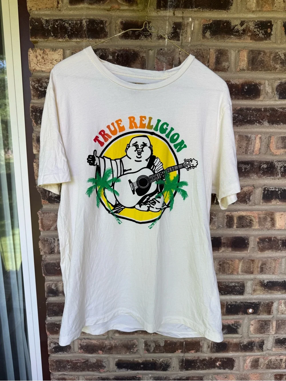 True Religion White Graphic Tee with Guitar Buddha